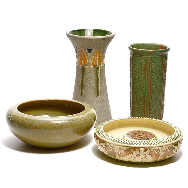 English Art Pottery Bowl and Three Pieces of Weller: English Art Pottery Bowl with Frog Insert and Three Pieces of Weller Pottery: Comprising a vase marked RV {Height 10 1/4 inches}, a P&R acanthus leaf vase, unmarked, and a lustre glaze bowl {maximum d