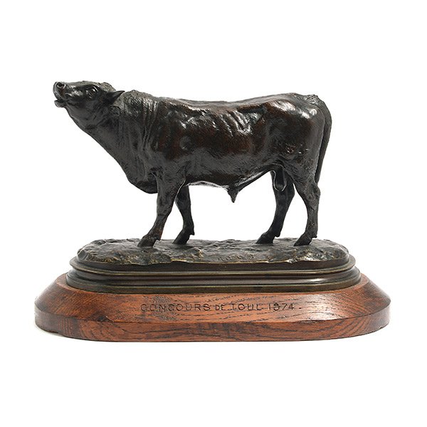 Rosa Bonheur, Bronze Bull: French Animalier Bronze Bull Group: Le Tareau, inscribed on figure "Rosa B", the more contemporary wood base wood stand with inscription "Concours de Toul 1874", Rosalie (Rosa) Marie Bonheur (French 1