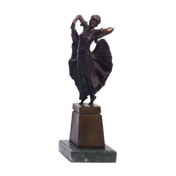 After Chiparus Cold Painted Bronze of Dancer: French Art Deco Style Cold Painted Bronze of the Butterfly Dancer, a stripe of green paint to inner section of the dress, inscribed "D.H. Chiparus" in cursive script, After Demetre Haralamp Chiparus (