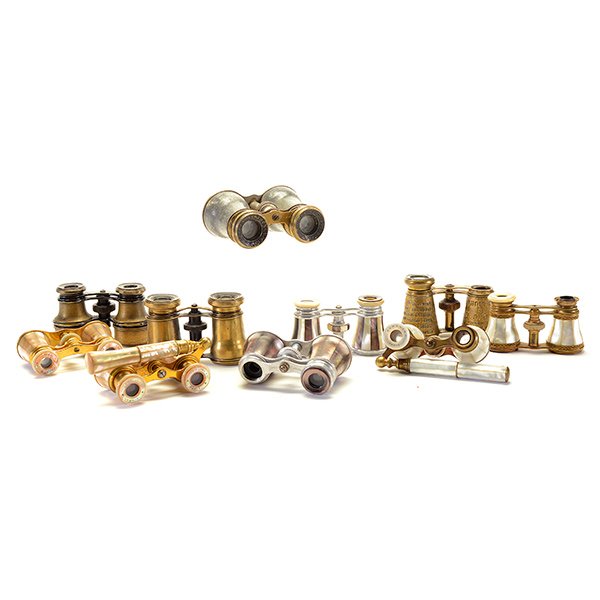Ten Pairs of French Opera Glasses: Ten Pairs of French Opera Glasses, most mother of pearl: Comprising pairs by Le Marie; Le Favorite; Marchand; LaCour; and Le Locky; together with three unmarked pairs; a pair "Property of U.A.D.C Lond