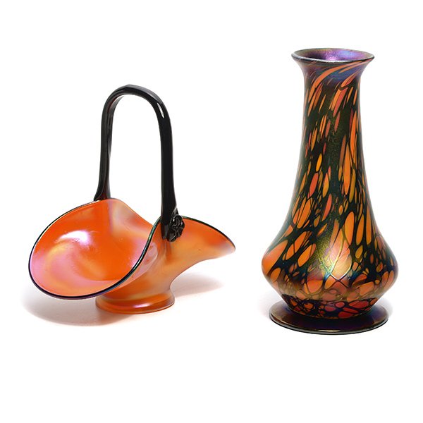 Two Czechoslovakian Lustre Art Glass Items: Two Czechoslovakian Lustre Art Glass Items: Including a basket and a vase with oil spots, both unmarked {Height of vase 10 3/8 inches} [small nicks to foot of basket]
