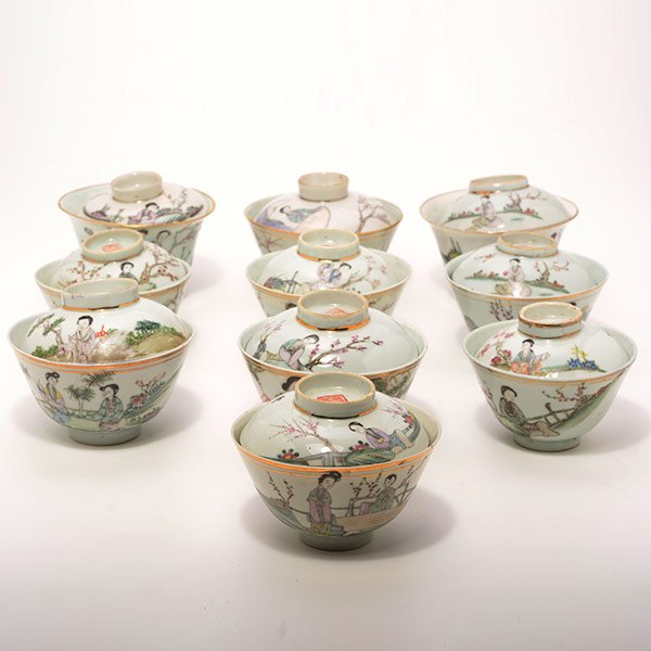 Ten Famille Rose Lidded Tea Cups, Republic Period: Ten Famille Rose Lidded Tea Cups Each is depicting a beauty in a contemplating mood and surrounded with flowering trees, inscribed, dated and signed. Republic Period Widest: 4 1/8 inches (20.6 cm) app