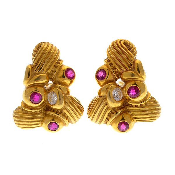Pair of Fouts "Basic Couture" Ruby, Diamond, 18k Yellow (1 of 5)
