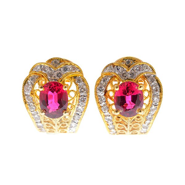 Pair of Spinel, Diamond, 18k Yellow Gold Earrings.: Pair of Spinel, Diamond, 18k Yellow Gold Earrings. Each features one oval-cut spinel weighing approximately 0.70 ct., accented by twenty-one full-cut diamonds weighing a total of approximately 0.25 ct