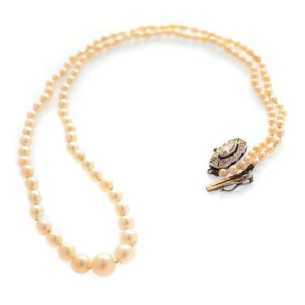 Natural Pearl, Diamond, Platinum, Silver Necklace. (1 of 2)