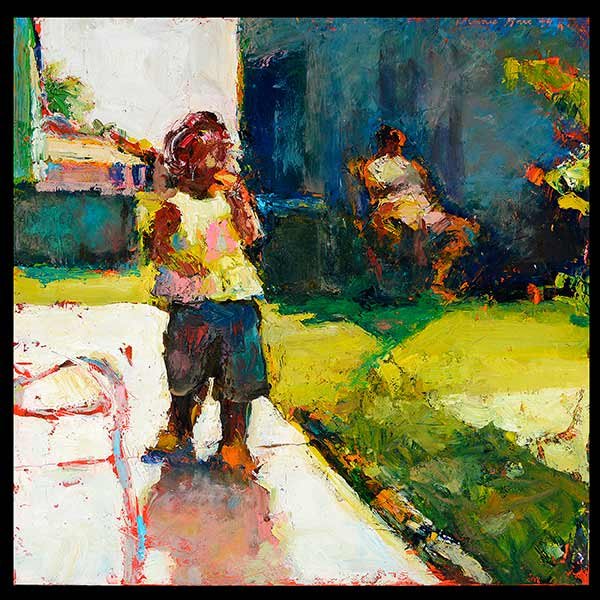 DENNIS HARE "Nina" Oil: DENNIS HARE (California b. 1946) Nina Oil on canvas 36 x 36 inches / 91.44 x 91.44 cm; Framed: 37 3/8 x 37 3/8 inches Signed and dated upper right corner: Dennis Hare 99 Provenance: Private Northern C