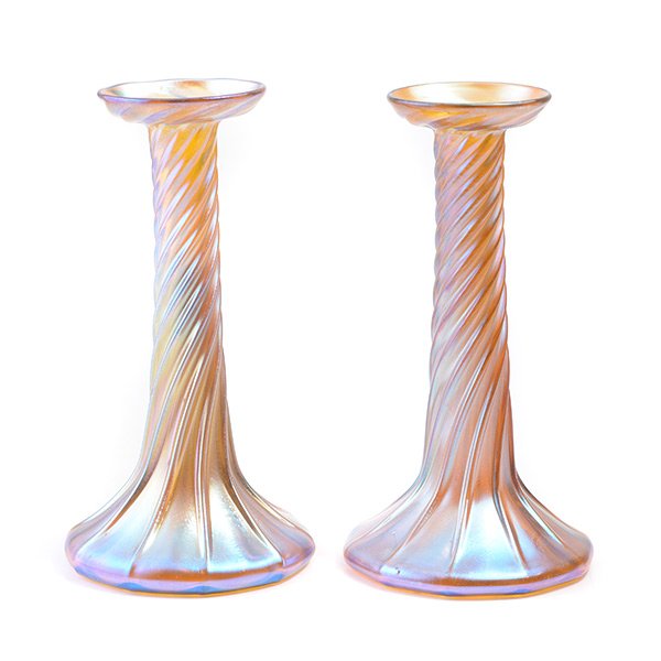 Pair of Tiffany Studios Blue Favrile Candle Vases (1 of 5)