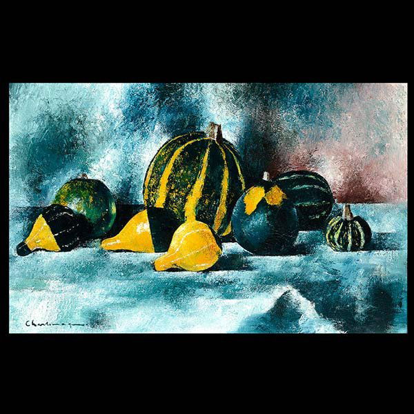 PAUL CHARLEMAGNE "Gourds" French Art: PAUL CHARLEMAGNE (French 1892 - 1972) "Gourds" Oil on canvas. 15 x 24 inches; Framed: 19 3/4 x 28 3/4 inches. Signed l/l. Carnegie Institute label on verso. [PROVENANCE: Purchased in 1934 from the Car