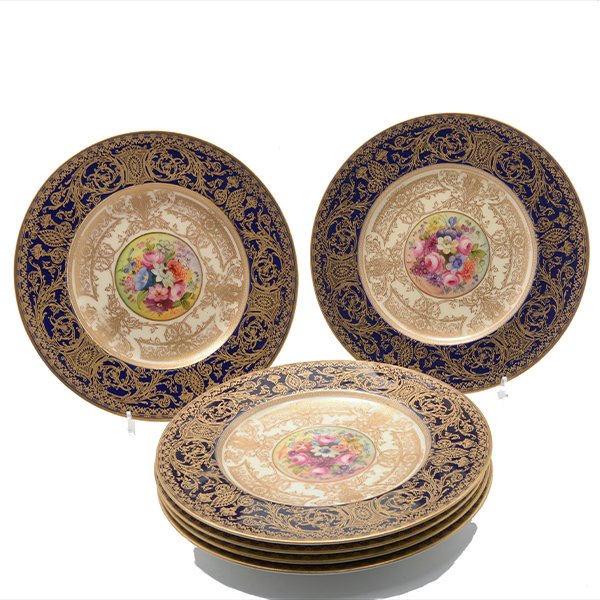 Six Royal Worcester Gilt Stenciled Bone China Service: Six Royal Worcester Gilt Stenciled Bone China Service Plates, Centering Floral Handpainted Center Medallions, Retailed by Ovingtons, New York {Diameter 9 inches}