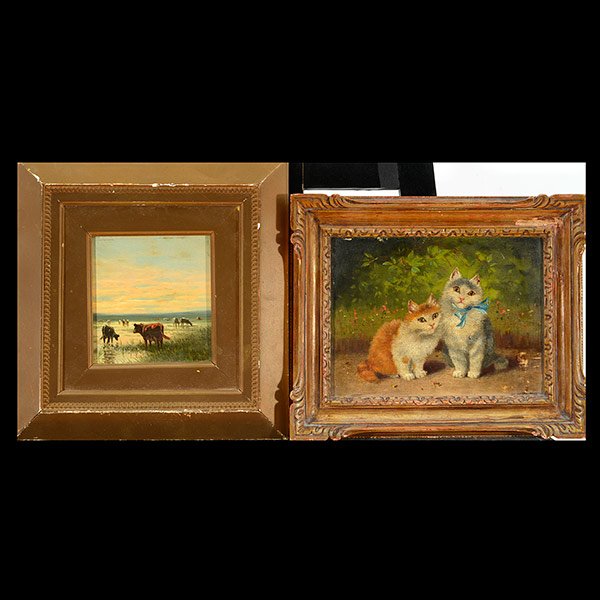 2 Paintings of Animals, 1 by William Hulk "Cattle": WILLIAM FREDERICK HULK (United Kingdom 1852 - 1906) "Cattle Watering at a Stream" second painting "Two Cats" is by an unknown artist. Each Oil on board. 6 x 8 1/4 inches; Framed: 8 5/8 x 10 7/8 inches
