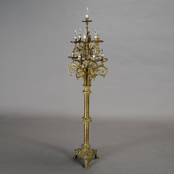 Louis XIV Style Gilt Bronze Twelve Light Electrified: Louis XIV Style Gilt Bronze Twelve Light Electrified Candelabra in the Gothic Taste {Height 59 inches; diameter 17 inches}