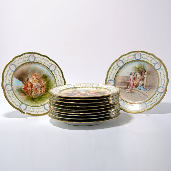 Set of Eleven Service Plates Picturing Mythological: Set of Eleven Sevres Style Service Plates with Decalled Mythological Scenes, comprising ten after Salvator Rosa, and one after Andres Appiani, each enclosed by a cornflower wreath and swag floral bord