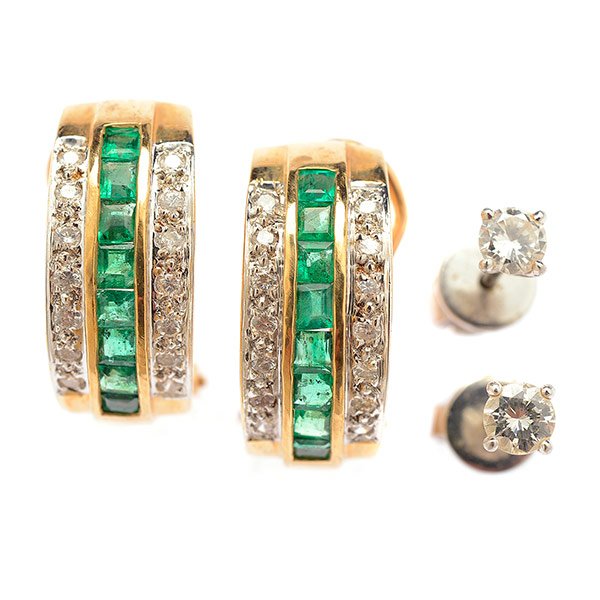2 Pairs of Emerald, Diamond, 14k Gold Earrings. (1 of 3)