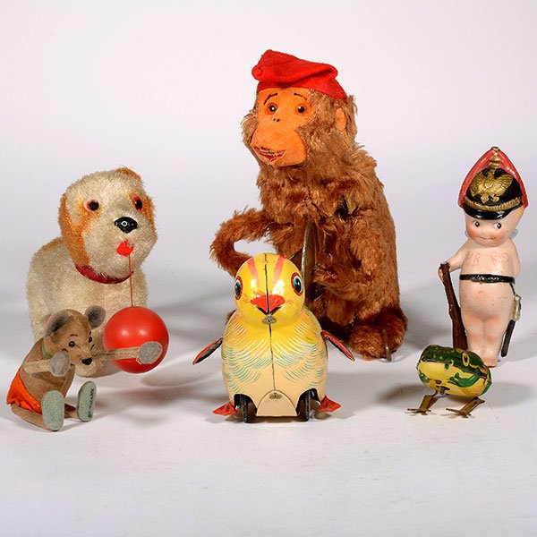 Lot of Vintage Mechanical Toys: Lot of Vintage Lithographed Tin and Stuffed Mechanical Toys: Including a German Kohler frog; a Japanese chick; a Japanese stuffed monkey playing cymbals; a stuffed dog with wagging tail and ball; and 