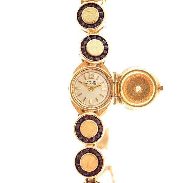 Ladies Lucien Piccard Diamond, Garnet, 14k Yellow Gold: Ladies Lucien Piccard Diamond, Garnet, 14k Yellow Gold Covered Wristwatch. DIAL: Round, silvered, gold hour markers, gold index hands, Lucien Piccard. MOVEMENT: Seventeen jewels, unadjusted, C24096, L