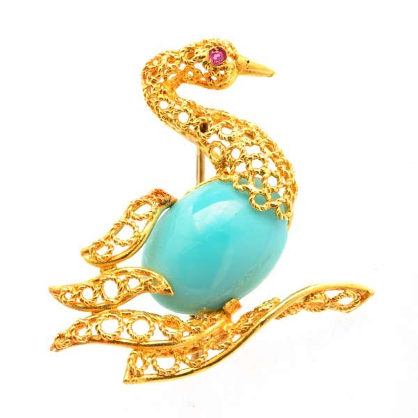 Colletto Turquoise, Syn. Sapphire, 18k Yellow Gold Bird (1 of 4)