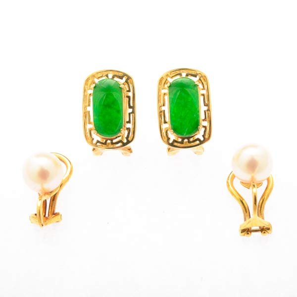 Collection of Two Pairs of Jade, Mikimoto Cultured: Collection of Two Pairs of Jade, Mikimoto Cultured Pearl, Yellow Gold Earrings. Including one pair of Mikimoto 7 mm cultured pearl, 18k yellow gold earrings together with a pair of curved jade tablet,