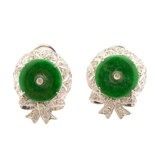 Pair of Jade, Diamond, 18k White Gold Earrings. (1 of 4)