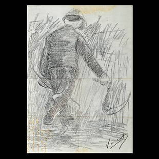 Style of VAN GOGH "Figure with a Scythe" Drawing.: Style of VINCENT VAN GOGH (Belgium/France 1853-1890) "Figure with a Scythe" Drawing. 11 3/4 x 8 1/4 inches; Framed: 26 3/8 x 23 3/8 inches. Bears signature l/r and verso. [On verso there is a letter w