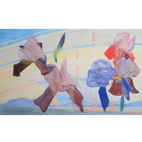 HENK PANDER "Iris with Towers and Saturn" Watercolor,: HENK PANDER (Dutch b. 1937) "Iris with Towers and Saturn" Watercolor. Sight: 29 1/2 x 48 inches; Framed: 37 5/8 x 56 3/8 inches. Signed and dated "1981" l/r.
