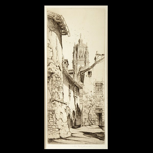 JOHN TAYLOR ARMS "Robez 1927" Etching on Paper.: JOHN TAYLOR ARMS (American 1887-1953) "Robez 1927" Etching on paper. Sight: 12 1/2 x 5 3/8 inches; Framed: 18 5/8 x 11 1/8 inches. Pencil signed bottom center.