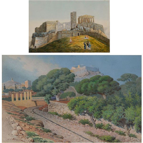 EUROPEAN SCHOOL "Greek Temple" & "Ruins" Watercolor and (1 of 5)