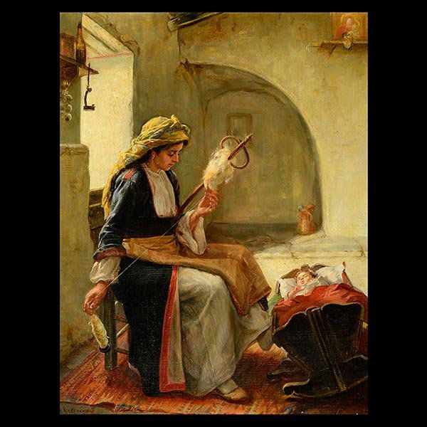 GREEK SCHOOL "Woman and Child" Oil on Canvas,  late (1 of 5)