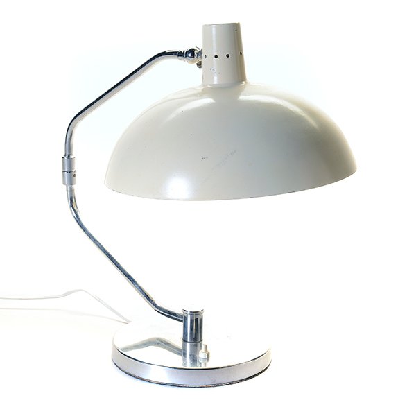 Clay Michie for Knoll Chrome Desk Lamp: Clay Michie for Knoll Chrome Desk Lamp, with articulated arm and white enameled shade {Height 16 inches, diameter of shade 12 inches}