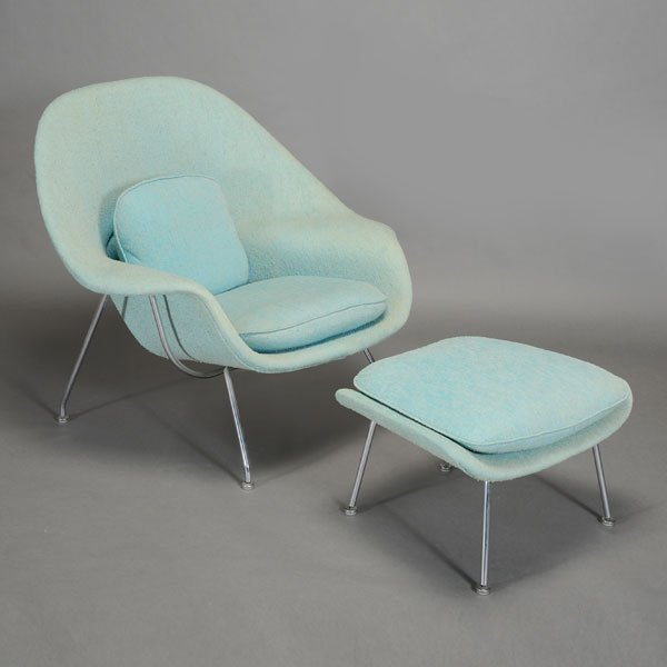 Eero Saarinen (1910-1961) Knoll Womb Chair and Ottoman: Eero Saarinen (1910-1961) Knoll Womb Chair and Ottoman, finished in turquoise upholstery {Dimensions of chair 36 x 40 x 35 inches} [Fading/ wear to upholstery]