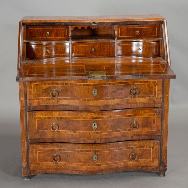 Continental Burl Walnut Serpentine Inlaid Desk (1 of 5)