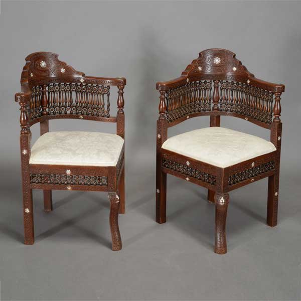 Pair of Moroccan Inlaid Spindle Corner Chairs (1 of 5)