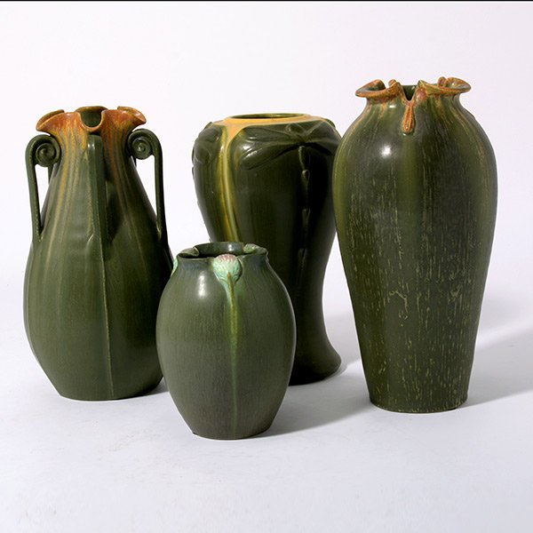 Four Ephraim Green Glaze Art Pottery Vases: Four Ephraim Forest Green Glaze Art Pottery Vases, stamped Laura Klein, Paul McVickers, Kevin Hicks, and Ken Nekola {Height of tallest 9 1/4 inches}