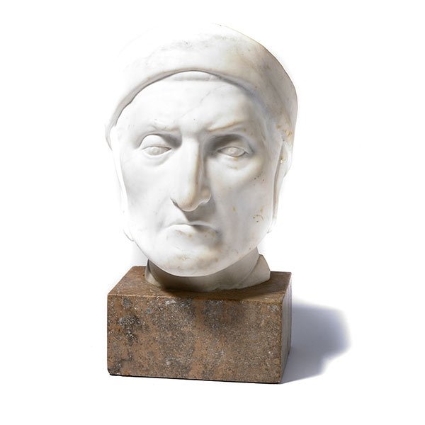Italian Carrara Marble Head of Dante: Italian Carrara Marble Head of Dante, unmarked {Height 12 3/4 inches, width 7 inches}