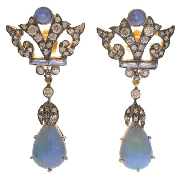 Pair of Opal, Sapphire, Diamond, Silver Gilt Earrings. (1 of 4)
