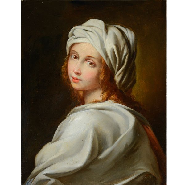 After GUIDO RENI "Portrait of a Lady" Oil on Canvas.: After GUIDO RENI (Italian 1575-1642) "Lady in Guise of Sibyl" Oil on canvas. 11 x 8 5/8 inches; Framed: 19 x 16 5/8 inches. Unsigned. [CONDITION: In overall good condition. There is a 2 5/8 inches rep