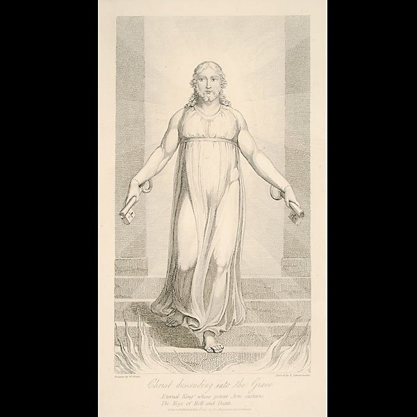 WILLIAM BLAKE "Christ Descending into the Grave": WILLIAM BLAKE (English 1757-1827) "Christ Descending into the Grave" Etching on paper. Sight: 10.75 x 5.75 inches/ 27.4 x 14.6 centimeters. Frame: 17.75 x 12.75 inches/ 45.1 x 32.4 centimeters.
