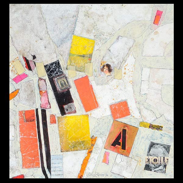 PATRICK ARCHER "Hidden Vince 1996" Collage on Board.: PATRICK ARCHER (American b. 1926) "Hidden Vince 1996" Collage on board. Sight: 17 1/2 x 16 1/2. Frame: 25 1/4 x 26 1/4 inches. Signed and dated "1996"