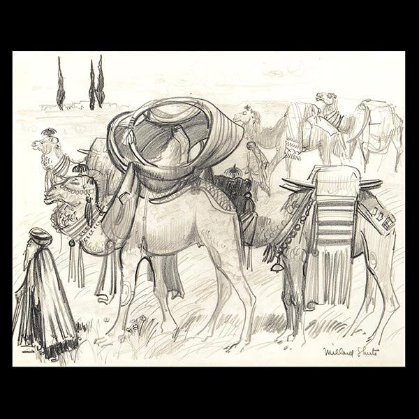 MILLARD SHEETS "Camel Herd" Pencil Drawing CAL Art: MILLARD SHEETS (Californian 1907-1989) "Camel Herd" Pencil drawing. Sight: 8 1/4 x 10 1/4 inches; Framed: 15 1/2 x 17 1/2 inches. Signed l/r.