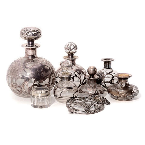 Seven Silver Dresser Bottles and Silver Crown Medallion (1 of 7)