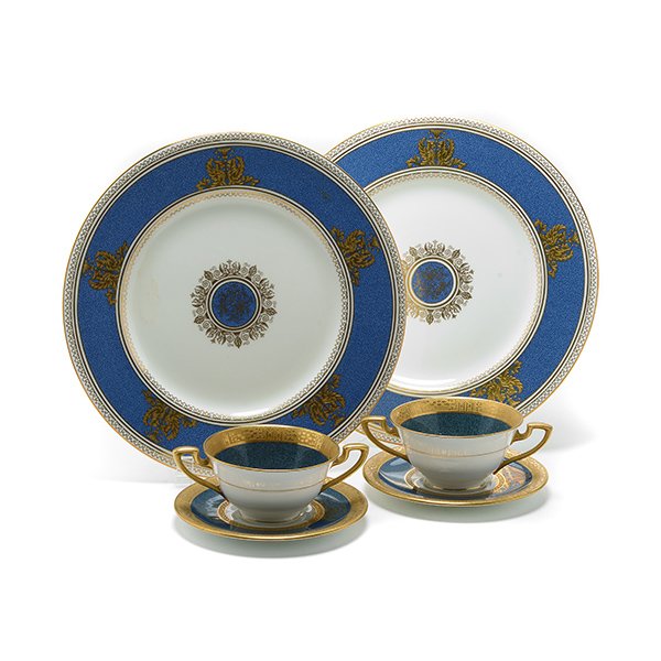Six Royal Worcester Bouillon Cups and Saucers, and: Six Royal Worcester Bouillon Cups and Saucers, Together with Twelve Wedgwood Bone China Service Plates {Diameter of service plates 11 inches}