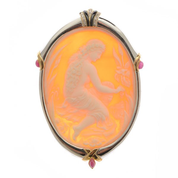 Shell Cameo, Ruby, Diamond, Enamel, 18k Gold Pendant (1 of 4)
