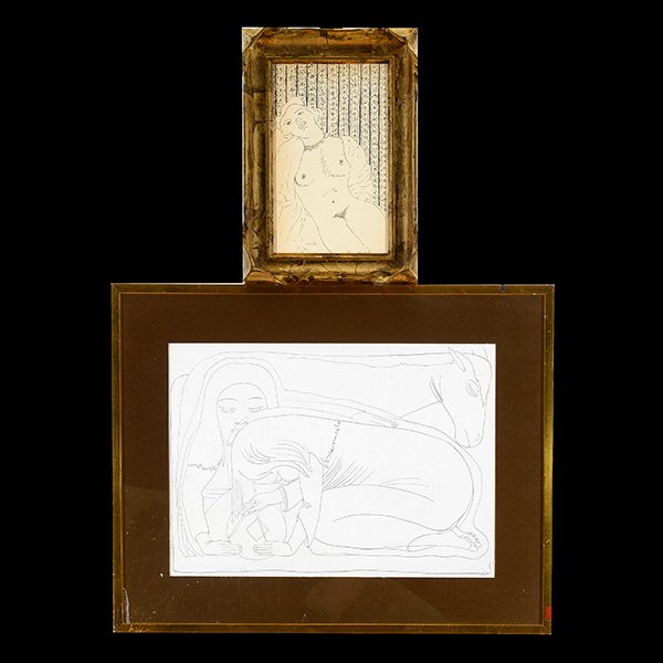 After HENRI MATTISSE and After BUFANO "Nudes".: After HENRI MATTISSE and After BENIAMINO BUFANO (French 1869-1954), (California 1898-1970) "Reclining Nude" and "Nude with Horse" Pen and ink and pencil drawing. 11 1/8 x 7 1/8 inches; Frame: 14 x 10