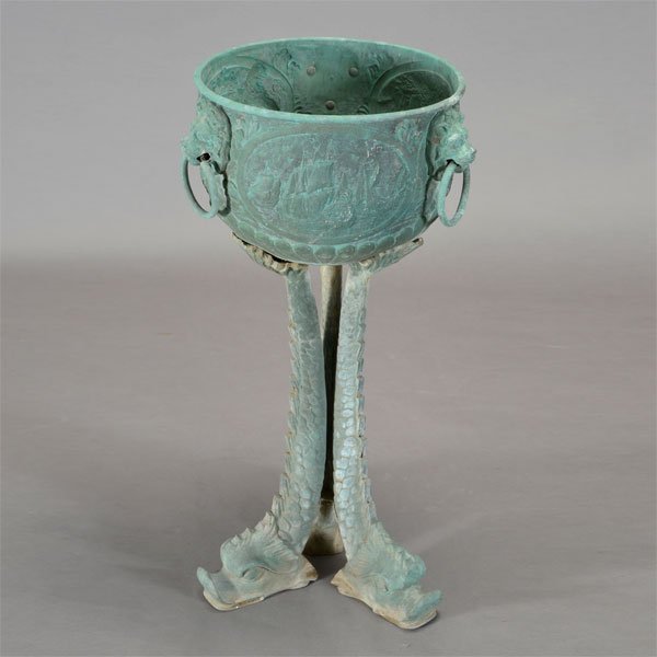 Copper Verdigris Patinated Urn on Tripod Dolphin Stand (1 of 4)