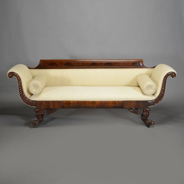 American Empire Mahogany Cream Upholstered Sofa (1 of 4)