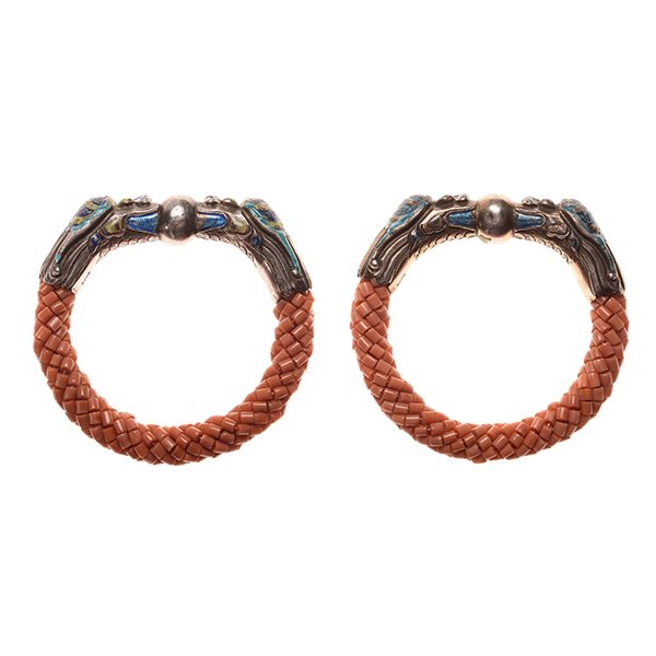 Pr. of Coral/Enameled-Silver 'Dragon' Bangles*, (1 of 5)