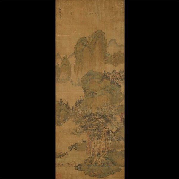 After Wang Hui (1632-1717): Landscape: After Wang Hui (1632-1717): Landscape Hanging scroll, ink and color on silk, inscribed and signed, and with two seals of the artist. 38 1/2 x 14 1/2 inches (97.8 x 36.8 cm) [Extensive creasing and ass