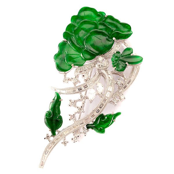 Jade, Diamond, 18k White Gold Brooch. (1 of 6)