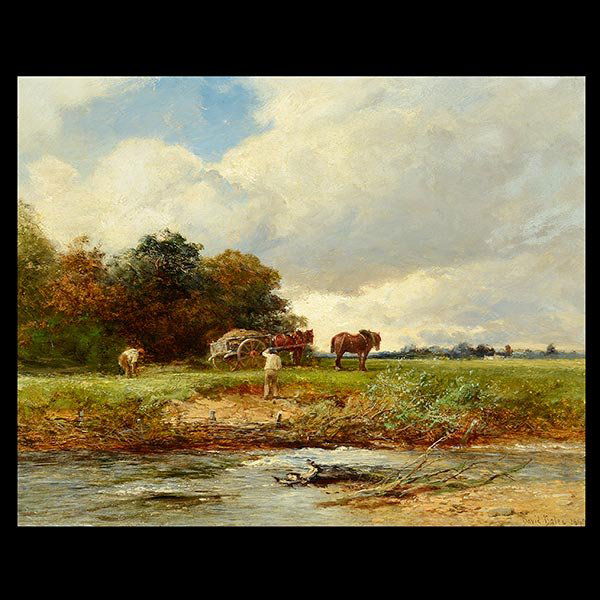 DAVID BATES "Landscape with Horses" English Art: DAVID BATES (English 1840 - 1921) Mending the Bank Oil on canvas 14 x 18 inches / 35.56 x 45.72 cm; Frame; 18 3/4 x 22 5/8 inches Signed and dated lower right: David Bates 1899. Titled, signed and dat