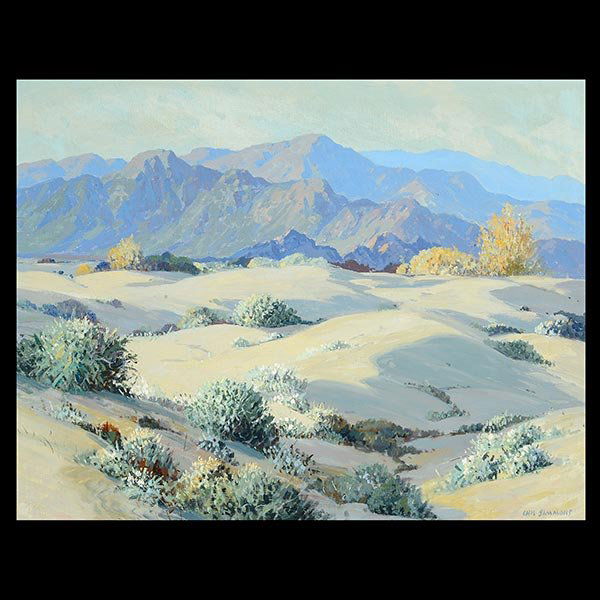 CARL SAMMONS "Silver Desert Landscape" oil on linen: CARL SAMMONS (Californian 1883-1968) Sand Dune and Primroses Oil on linen 20 x 26 inches / 50.8 x 66.04 cm; Frame: 32 1/4 x 26 1/8 inches Signed lower right: Carl Sammons and titled verso: "Sand Dune