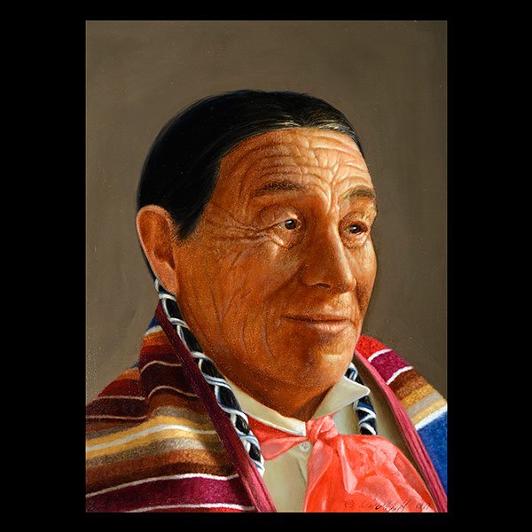 WILLIAM ACHEFF "Native American Man" Oil on Canvas.: WILLIAM ACHEFF (New Mexico/Californian b. 1947) Native American Man Oil on canvas 16 x 12 inches / 40.64 x 30.48 cm; Frame: 20 3/4 x 16 7/8 inches Signed: WM Acheff and dated 1977 lower right Conditio